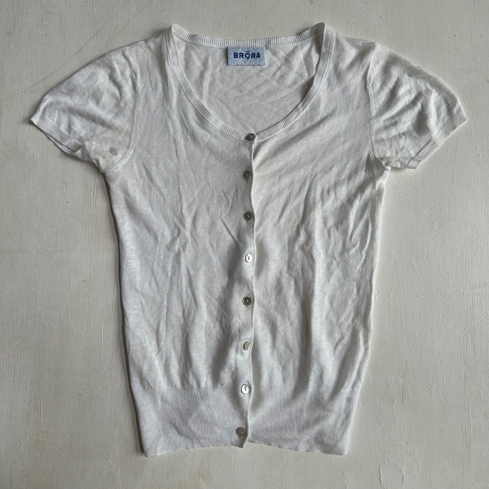 Brora White Linen Cotton Blend Short Sleeve Cardigan